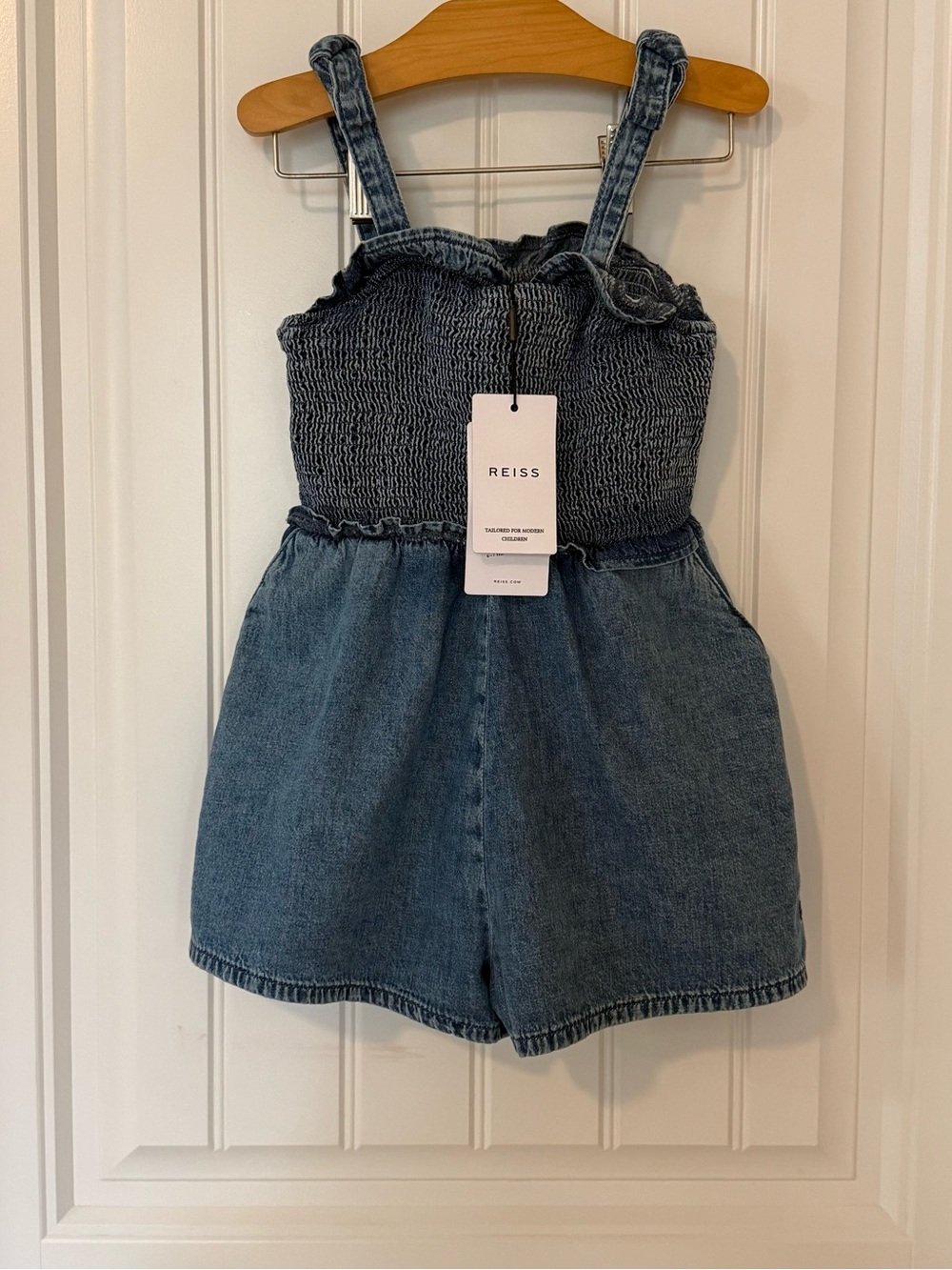 NWT Reiss Girls Hattie Denim Playsuit Size 6–7 Years Smocked Chambray Romper